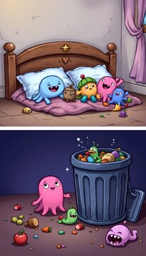 cute animated style germs hiding under bed and around trash, child friendly design, expressive characters, simple background, no text