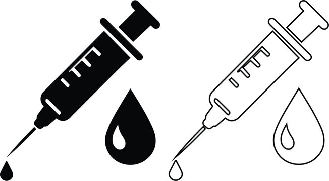 Medical syringe icons with drops of liquid in black solid silhouette and thin line outline styles, ideal for vaccination, healthcare, and medical laboratory graphic design.