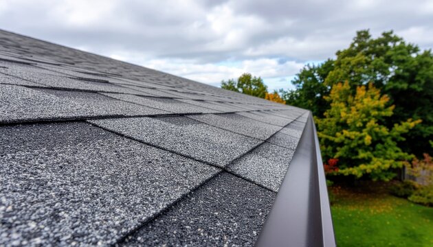 Shingle roof with gutter with fall trees.