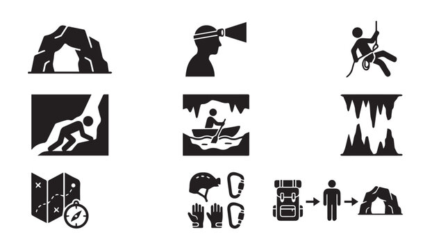 Caving and spelunking equipment and activity icons with spelunking, exploration