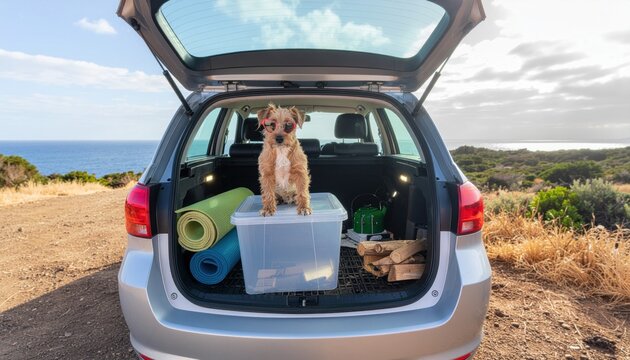 Dog in car trunk outdoor trip.