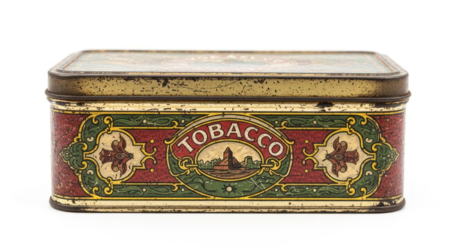 Vintage Tobacco Tin Container with Ornate Floral Pattern and Landscape Design
