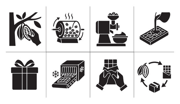 Chocolate making process icons set with chocolate roasting grinding conching