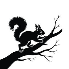 Obraz premium Squirrel Climbing a Tree Branch in Natural Habitat Vector, Silhouette, Illustration