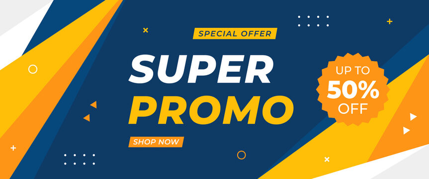 Super Promo sale banner template with modern blue and orange geometric background, up to 50% off. Perfect for marketing ads, social media promotions, shopping, web and headers