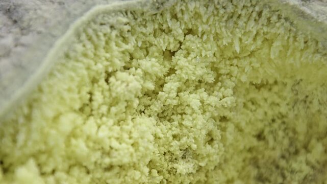 Close up view of the sulfur on the volcano of Mendeleev on Kunashir island. Russia