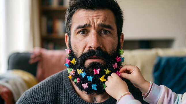 Confused father with a full black beard being decorated with colorful butterfly hair clips by his child during a playful moment at home.