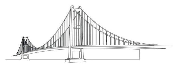 Fototapeta premium Minimalist continuous line drawing of a majestic suspension bridge architectural structure for engineering and transportation projects or a modern graphic design element