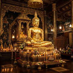 Obraz premium Majestic golden Buddha statue in a traditional, dimly lit Thai temple interior 