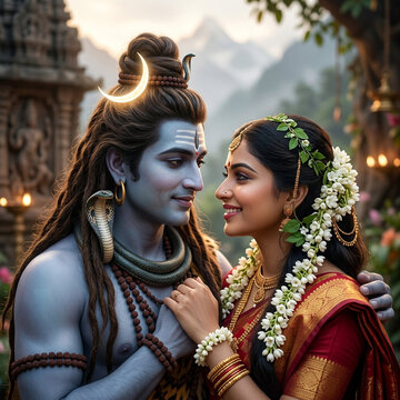 Divine couple Lord Shiva and Goddess Parvati gazing lovingly at each other in an ancient temple
