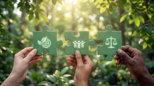 Sustainability, Social Responsibility and Justice Concept with Green Puzzle Pieces in Nature