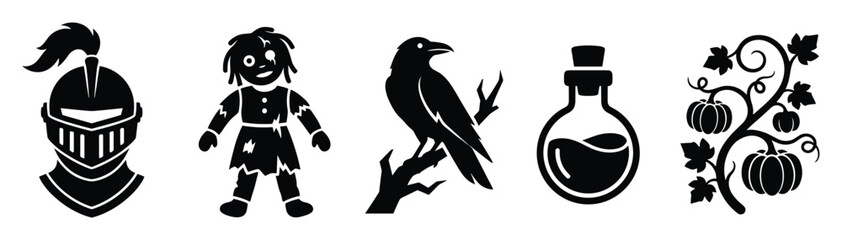 Obraz premium A collection of dark icons featuring a knight helmet, zombie doll, perched crow, magic potion, and decorative pumpkin vine, perfect for themed illustrations and spooky graphic assets.