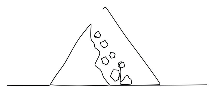 Simple continuous line drawing depicting a mountain rockslide or landslide between two peaks, useful for environmental disaster warnings, geological studies, or minimalist educational