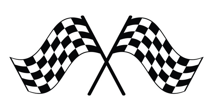 Crossed checkered racing flags in smooth wave style, black and white grid pattern with flowing motion, motorsport finish symbol, isolated graphic for formula one race events