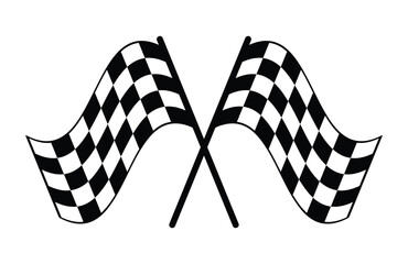 Fototapeta premium Crossed checkered racing flags in bold wave style, black and white grid pattern with strong curves, motorsport finish symbol, isolated graphic for formula one race events