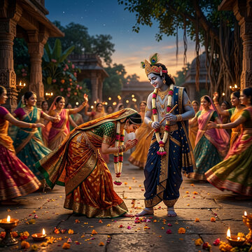 Devotional Scene of Gopi Offering Flowers to Lord Krishna in Temple