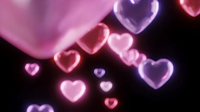 Glowing pink and purple heart shapes on black bokeh background