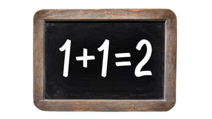 Fototapeta premium Wooden framed chalkboard displaying simple math equation one plus one equals two