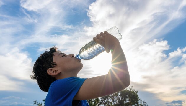 Boy drinks water outdoors.