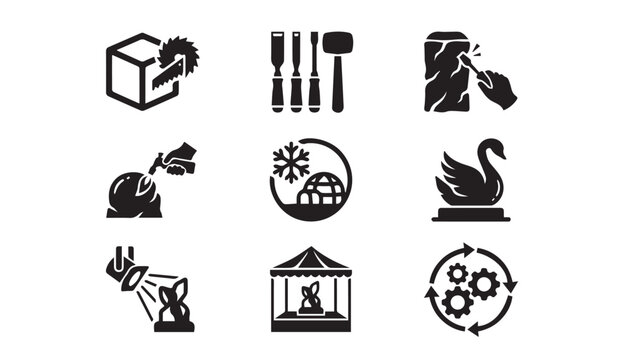 Woodworking ice sculpting engineering icons with woodworking, sculpting