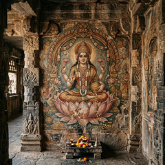 Obraz premium Ancient Temple Wall Painting of Goddess Lakshmi on Lotus