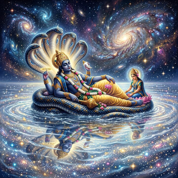 Lord Vishnu Reclining on Sheshnag in Cosmic Ocean with Starlit Reflection