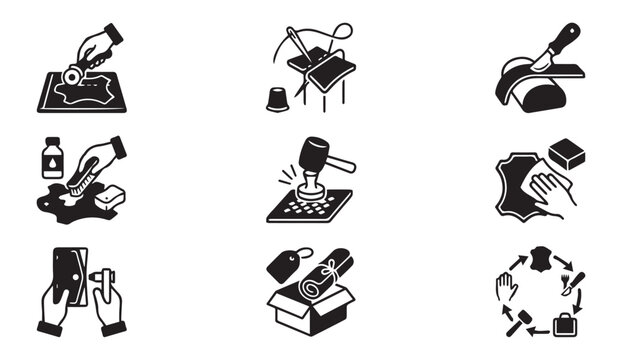 Leather crafting process icons with crafting material template leatherworker