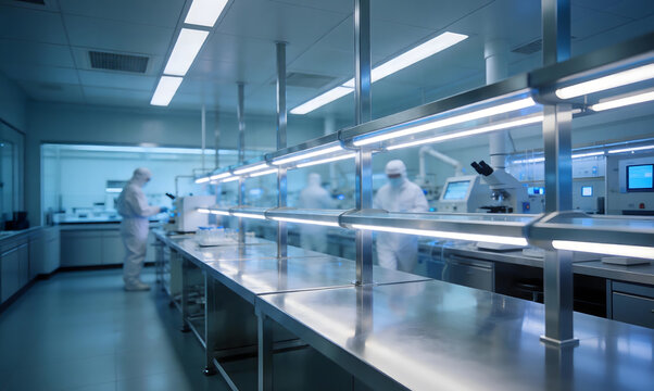 Cleanroom Laboratory with Scientists in Protective Suits