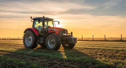 Fototapeta premium Powerful farm machinery stands ready in a sunlit field, showcasing the strength and beauty of modern agriculture as the day begins or ends with a golden glow