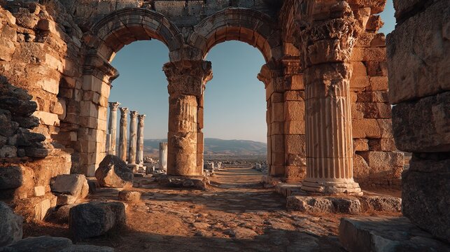 Warm Tone Ancient Stone Arches and Columns in Ruins Landscape
