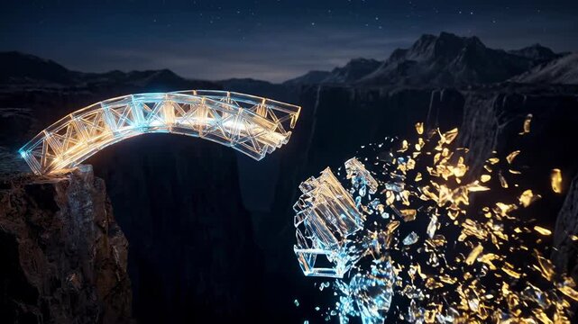 Futuristic bridge broken structure glowing glass canyon night technology failure abstract collapse digital particle explosion surreal sci fi disaster