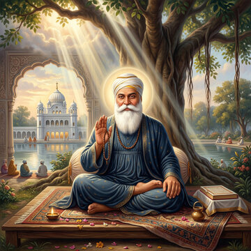 Guru Nanak Dev Ji Teaching Disciples near Holy Gurdwara and Water