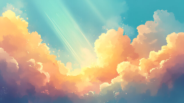 Anime style sunset sky illustration. Fluffy golden clouds with bright light rays. Blue sky background with shimmering particles.