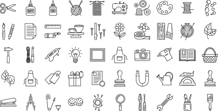 DIY crafts and handmade tools line icon set featuring sewing painting woodworking minimal outline vector collection