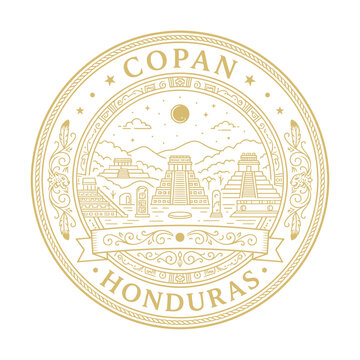 Elegant gold circular emblem of Copan Honduras Mayan archaeological site vector illustration