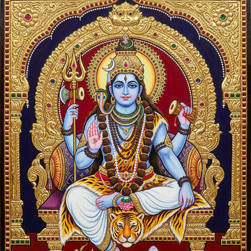 Traditional Tanjore Style Painting of Lord Shiva Seated on Tiger