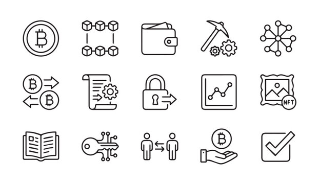 Bitcoin and cryptocurrency line icons set for digital asset and blockchain