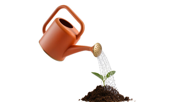Red Metal Watering Can Pouring Water on Small Green Sprout in Soil