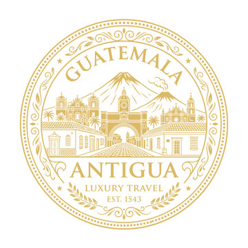 Golden Antigua Guatemala travel emblem with Santa Catalina Arch and volcanoes vector illustration