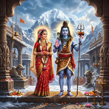 Lord Shiva and Goddess Parvati Standing at Mount Kailash Temple