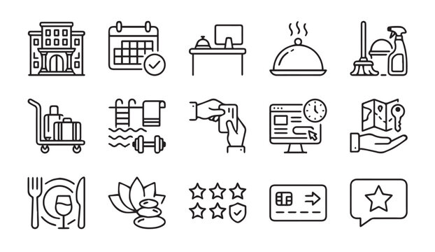Hotel and hospitality services line icon set with hospitality, accommodation