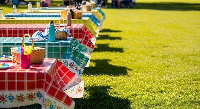 Outdoor picnic tables set up for a community event or celebration with checkered tablecloths and baskets on a sunny day