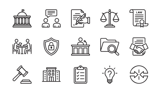 Law legal and justice system line icon set with attorney document contract
