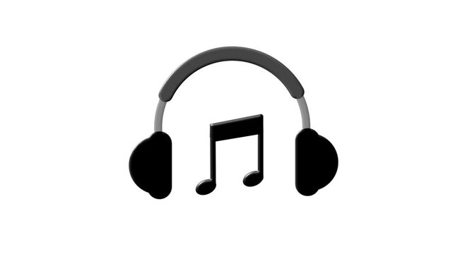 A 3D black headset with a music note icon pulsing on a white background and transitioning to a green screen