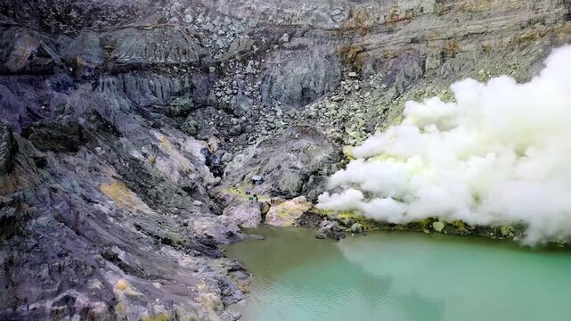 Aerial Drone Shot Looking Down at Active Crater Volcano. Contrast Between Turquoise Acidic Water and Yellow Sulfur Rocks. Above View on Shore Of Kawah Ijen Volcano In East Java Indonesia at Summer 4k
