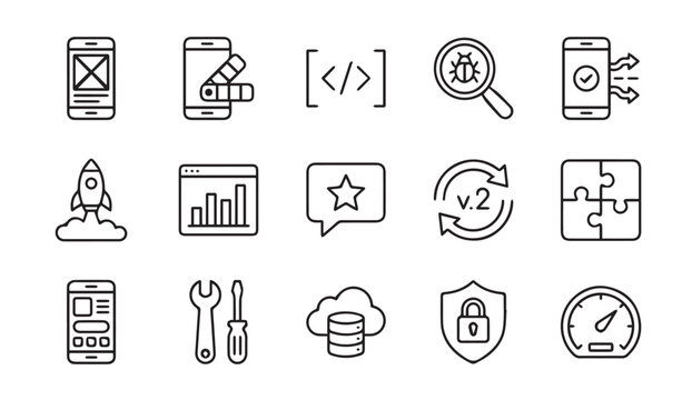 Mobile app development and web design line icons set with development, analytics