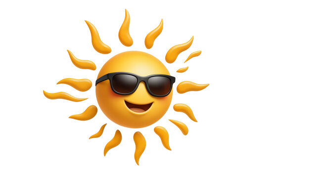 Smiling yellow sun with sunglasses and radiating orange rays