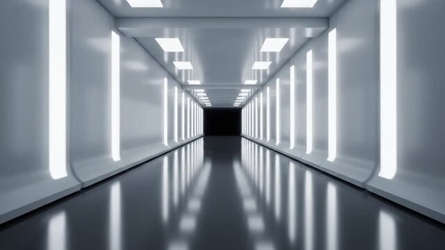 Long symmetrical white futuristic corridor with vertical LED light panels on walls and square ceiling lights reflecting on a dark polished floor leading to a dark open doorway.