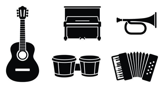 Collection of various music instruments such as acoustic guitar, upright piano, brass trumpet, percussion bongos, and portable accordion for musical themes, educational resources, and