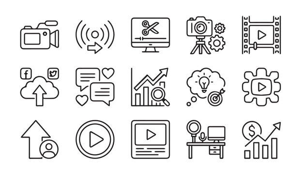 Production and digital marketing line icon set for content creation